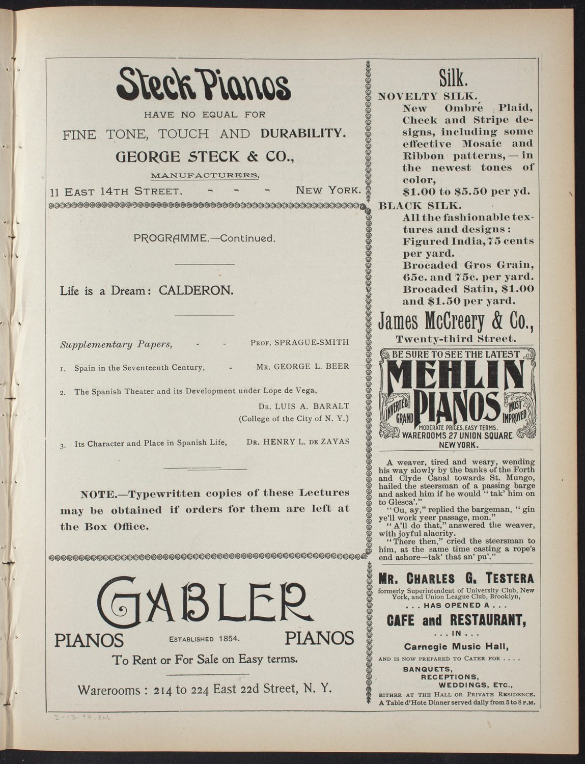 Saturday Morning Conferences on Comparative Literature, February 13, 1897, program page 5