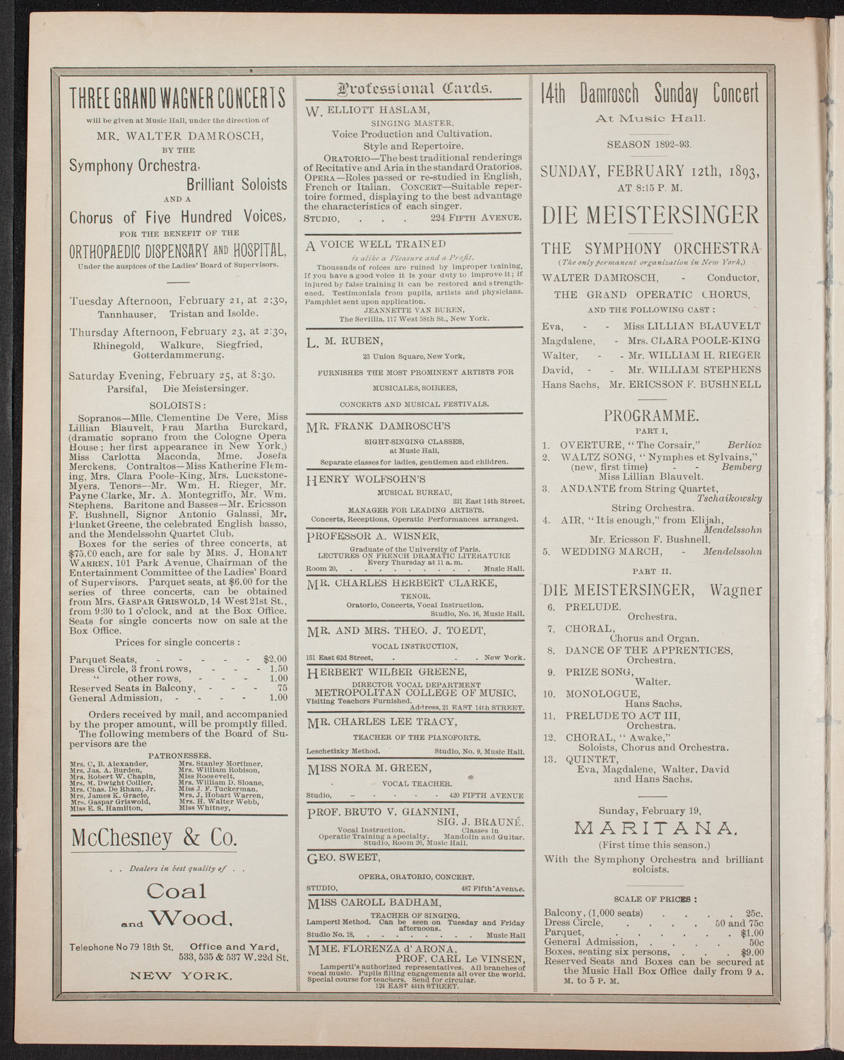 New York Philharmonic, February 11, 1893, program page 2
