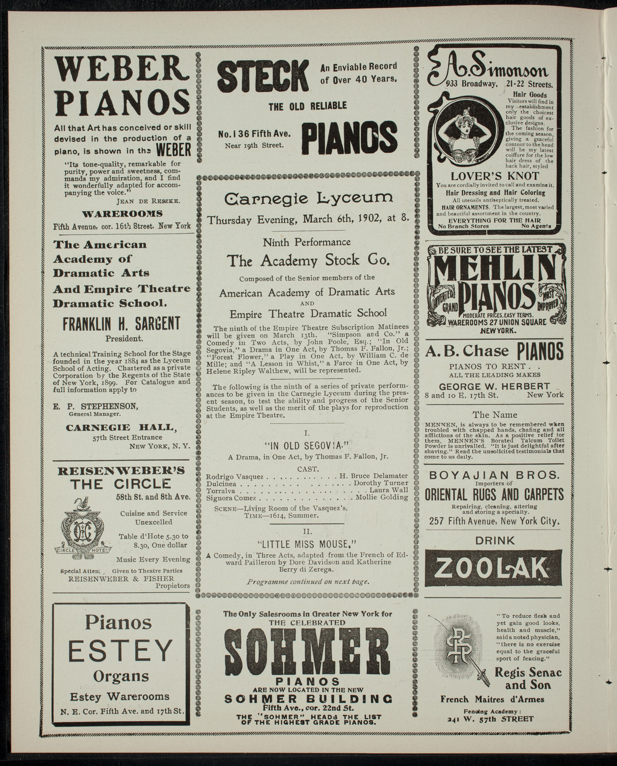 Academy Stock Company of the American Academy of Dramatic Arts and Empire Theatre Dramatic School, March 6, 1902, program page 2