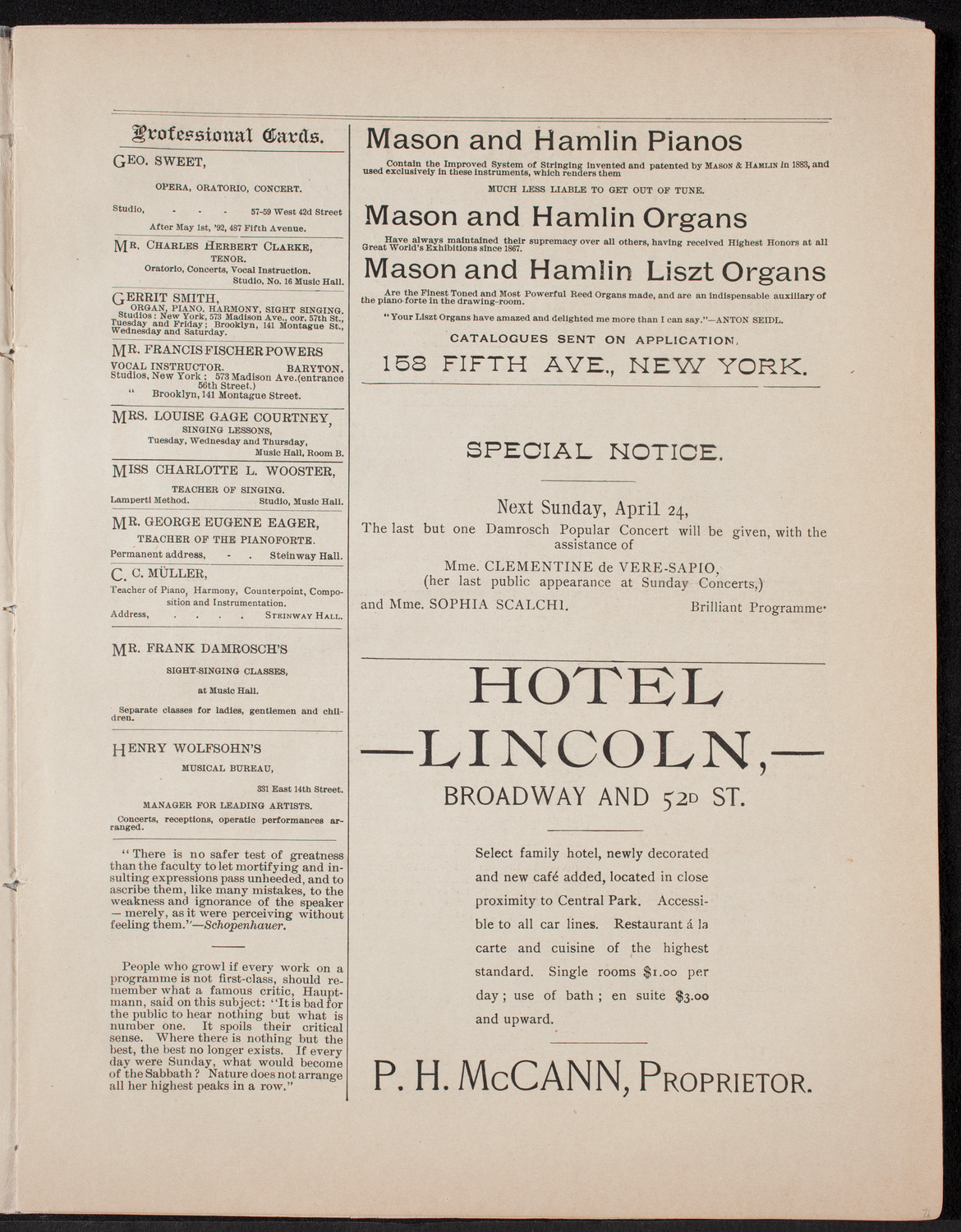 Urania Scientific Theatre, April 20, 1892, program page 5