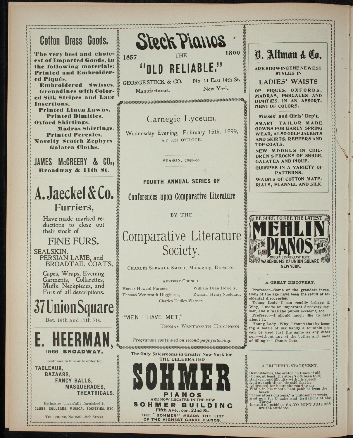 Comparative Literature Society Saturday Morning Conference, February 15, 1899, program page 4