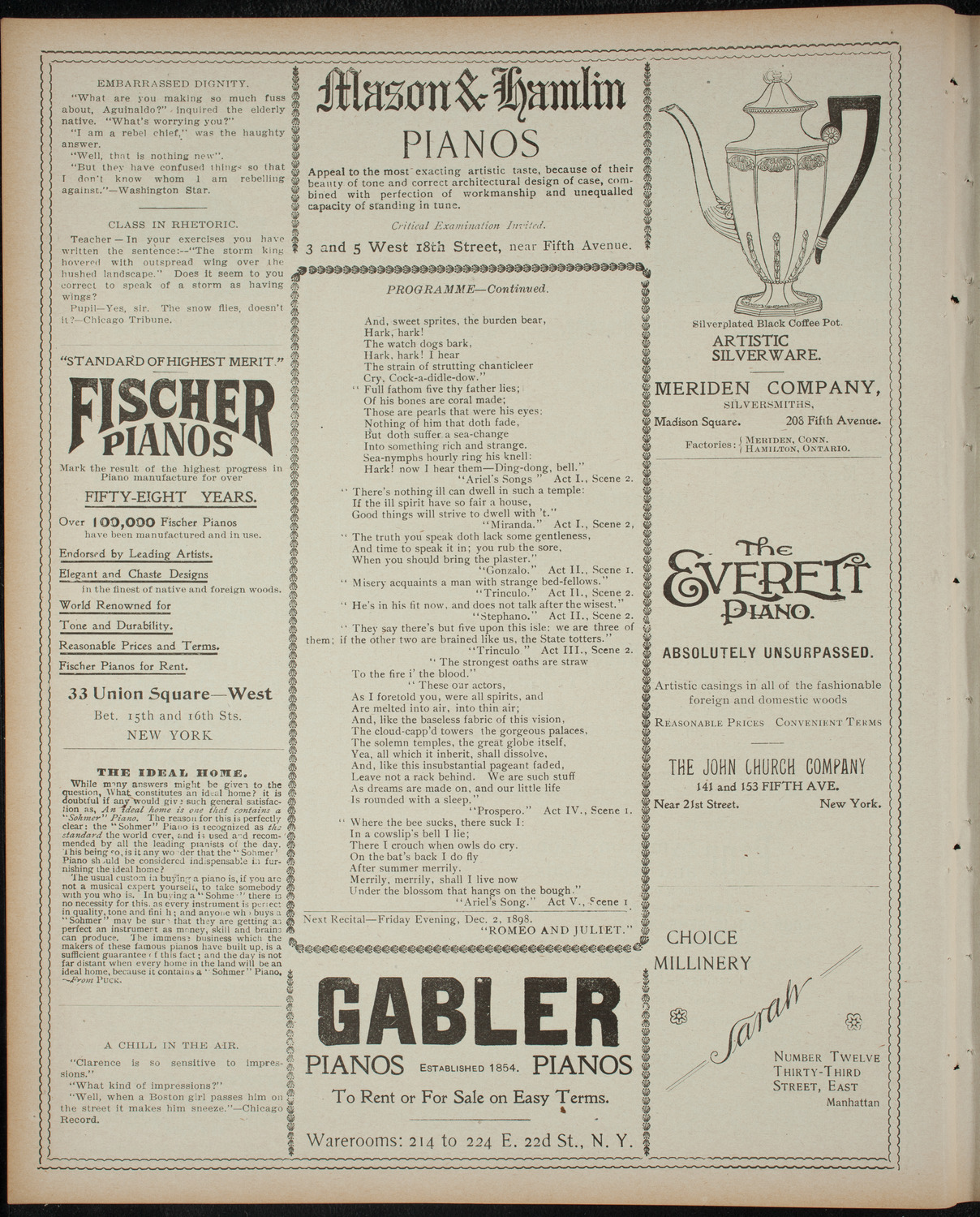 Shakespeare Recital: The Tempest, November 25, 1898, program page 6