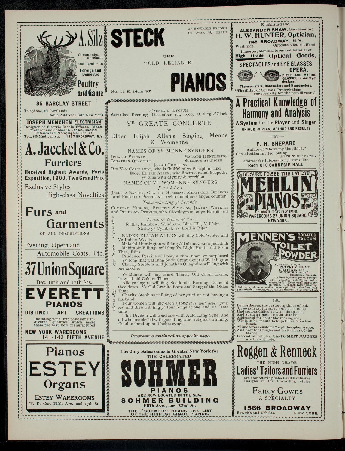 Ye Greate Concerte of Elder Elijah Allen's Singing Menne and Womenne, December 1, 1900, program page 2