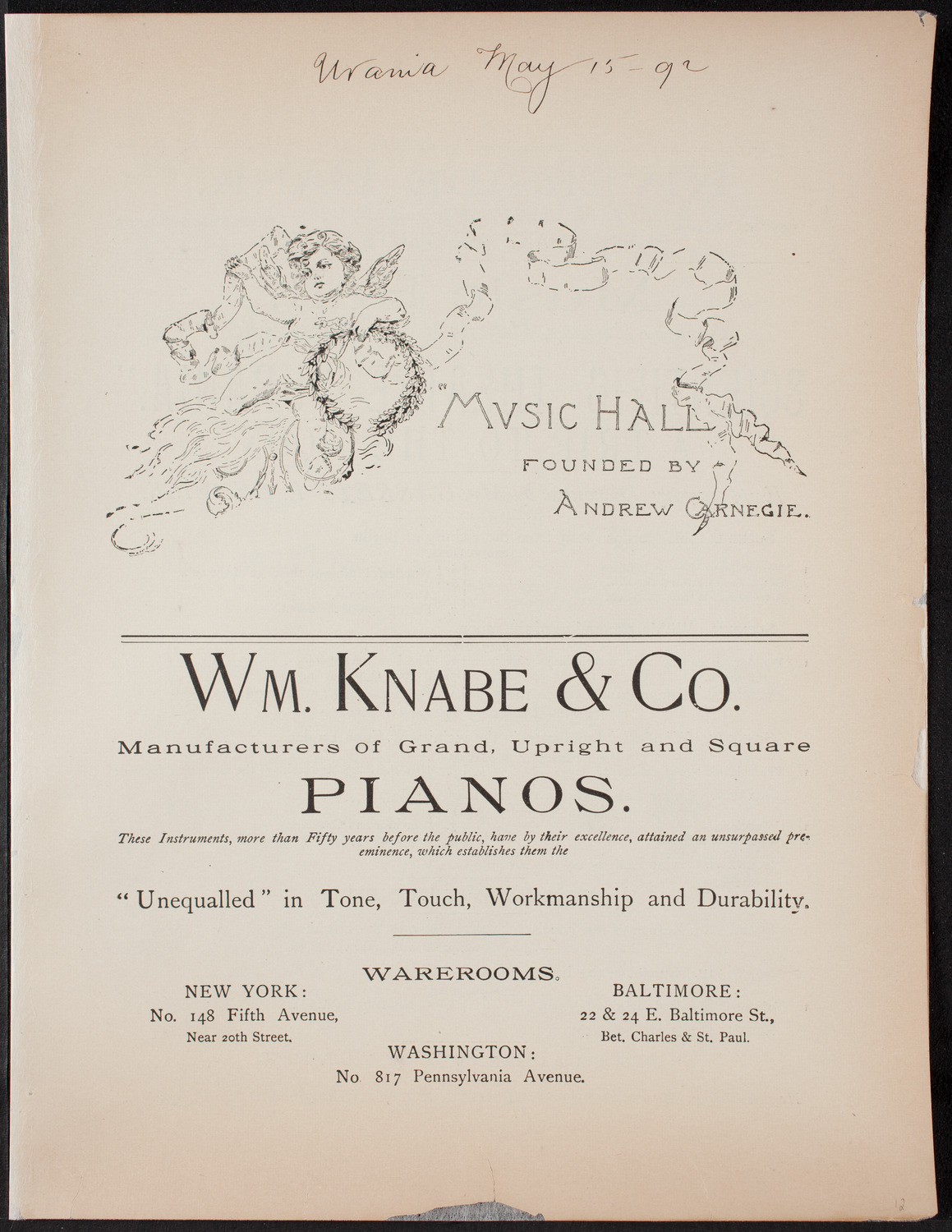 Urania Scientific Theatre, May 15, 1892, program page 1