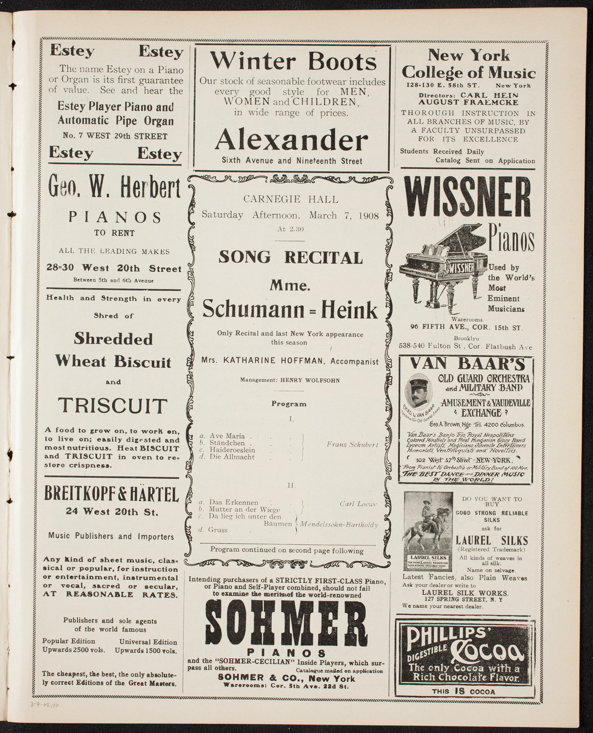 Ernestine Schumann-Heink, Mezzo-Soprano, March 7, 1908, program page 5