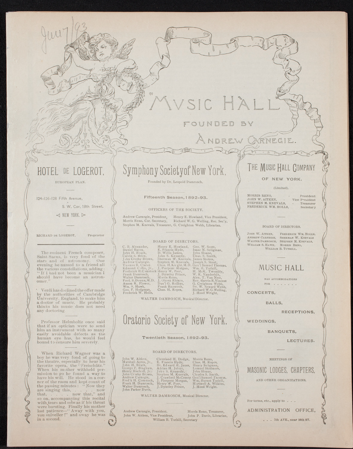 New York Symphony Orchestra, January 7, 1893, program page 1