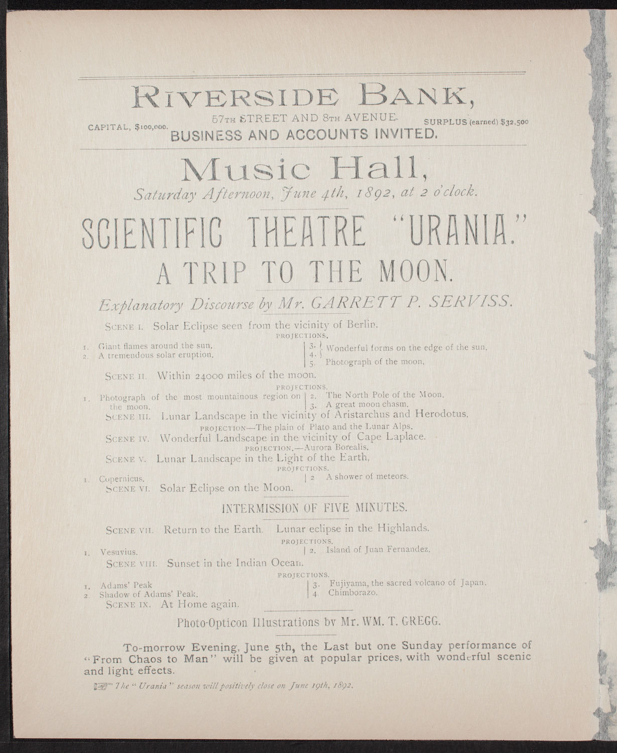 Urania Scientific Theatre, June 4, 1892, program page 2