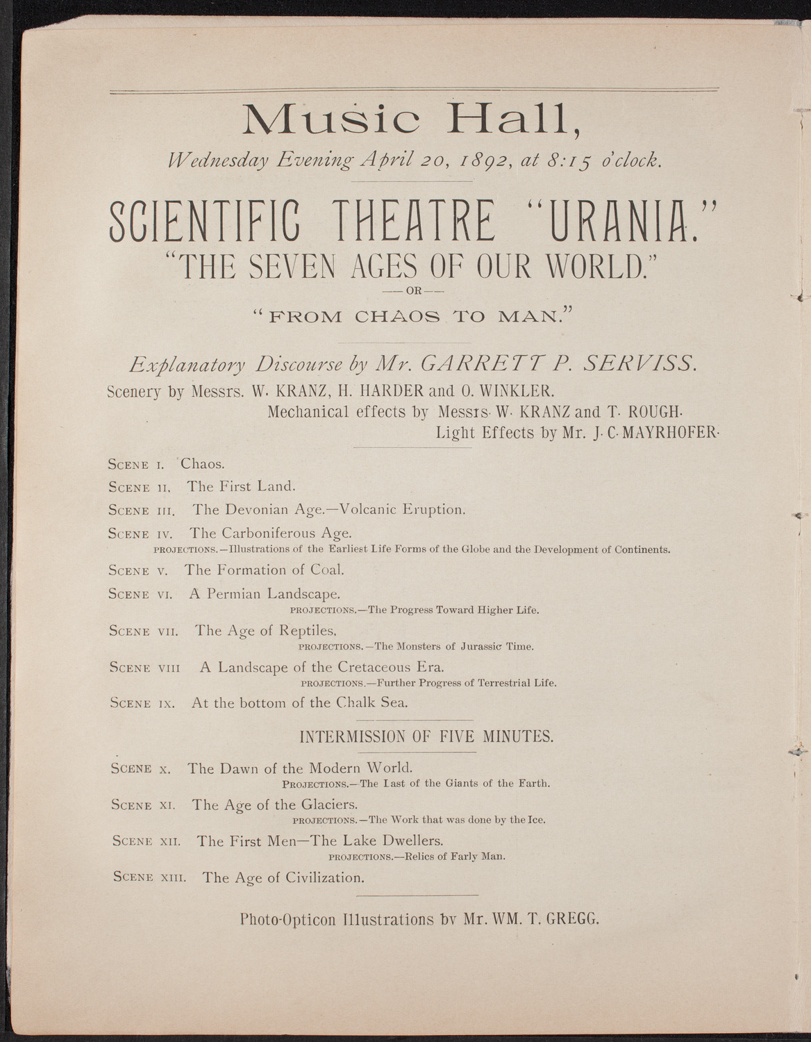 Urania Scientific Theatre, April 20, 1892, program page 6