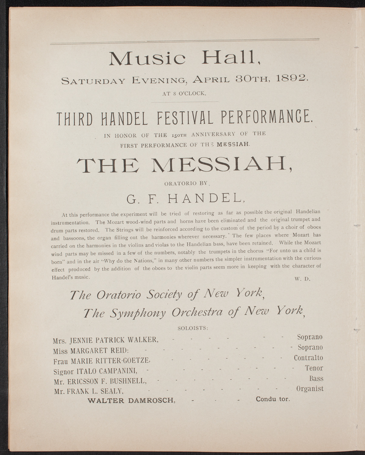 Oratorio Society of New York: Handel Festival, April 30, 1892, program page 6