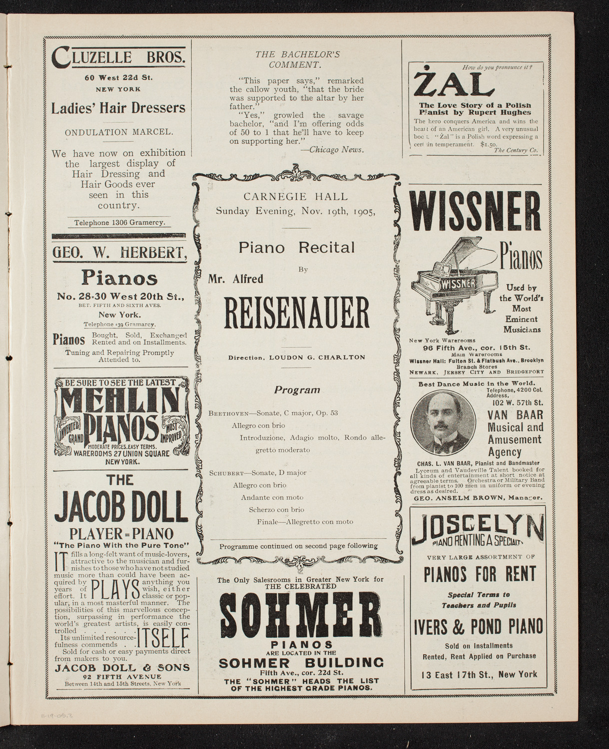Alfred Reisenauer, Piano, November 19, 1905, program page 5