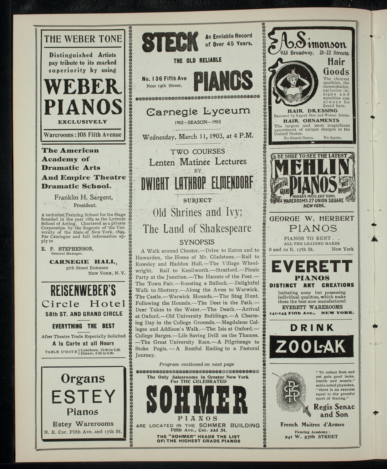 Elmendorf Lecture: The Land of Shakespeare, March 11, 1903, program page 2