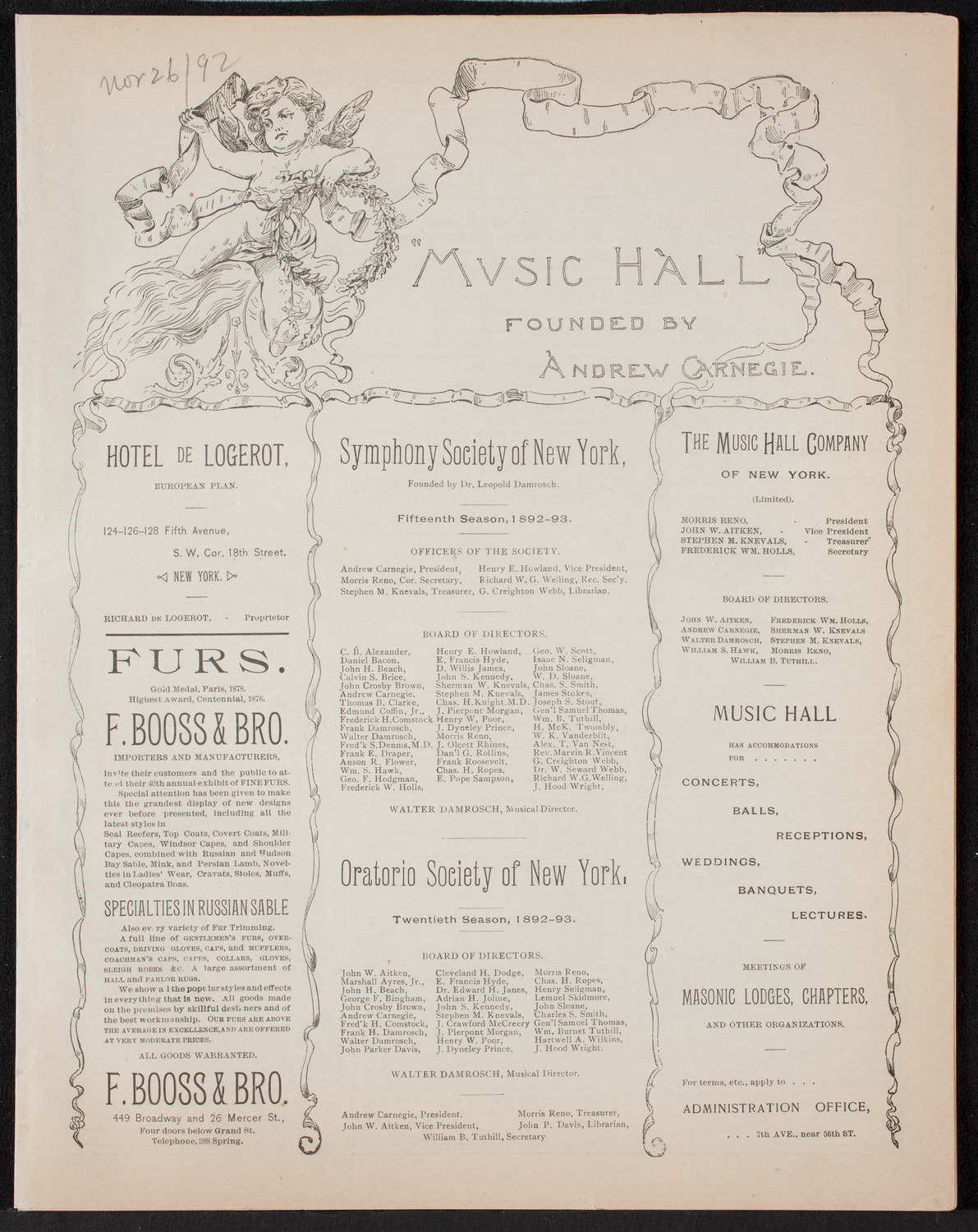 Oratorio Society of New York, November 26, 1892, program page 1
