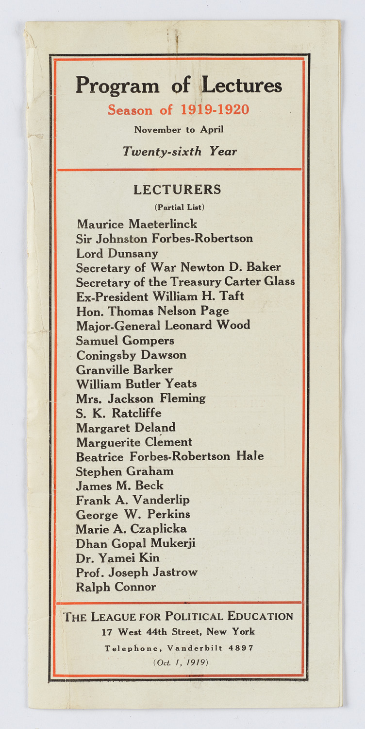 The League for Political Education, Program of Lectures, December 5, 1919