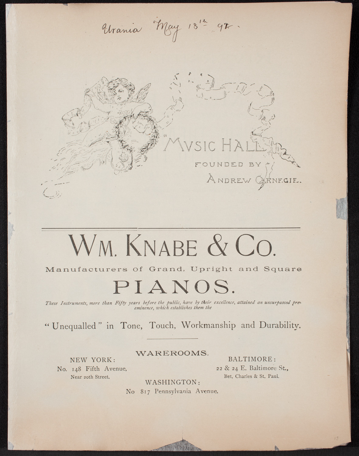 Urania Scientific Theatre, May 18, 1892, program page 1