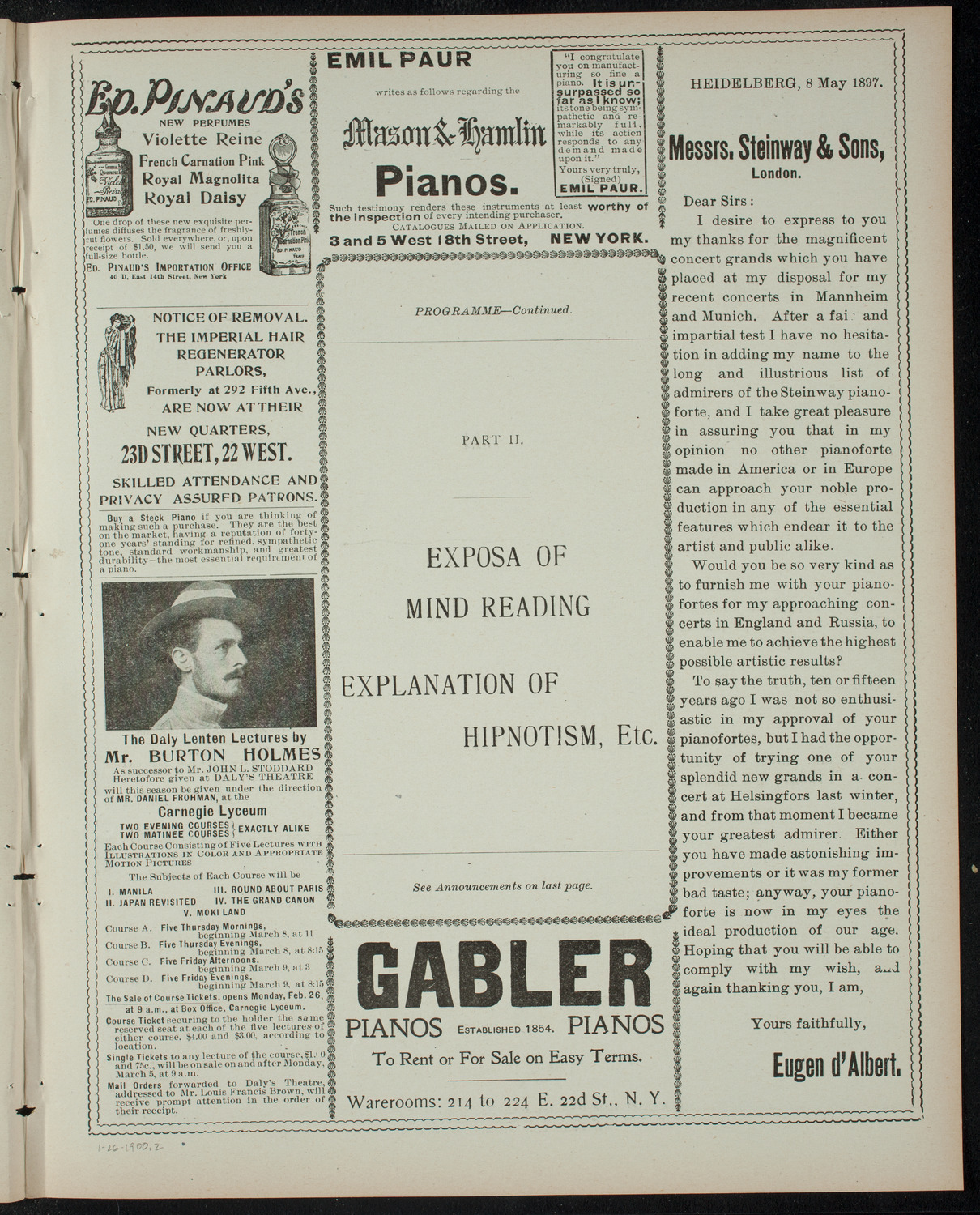 Exposa of the Misteries of Mind Reading, January 26, 1900, program page 3
