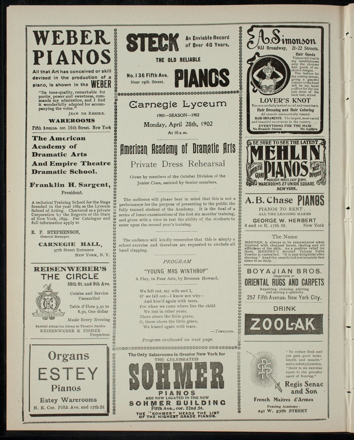 American Academy of the Dramatic Arts Private Dress Rehearsal, April 28, 1902, program page 2