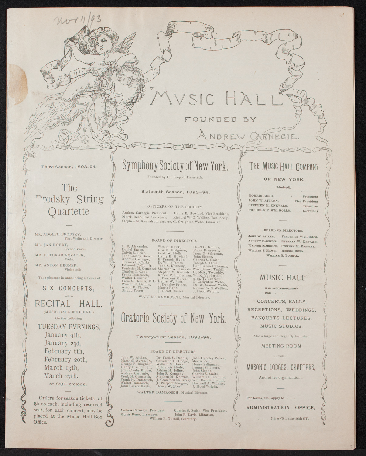 New York Symphony Orchestra, November 11, 1893, program page 1