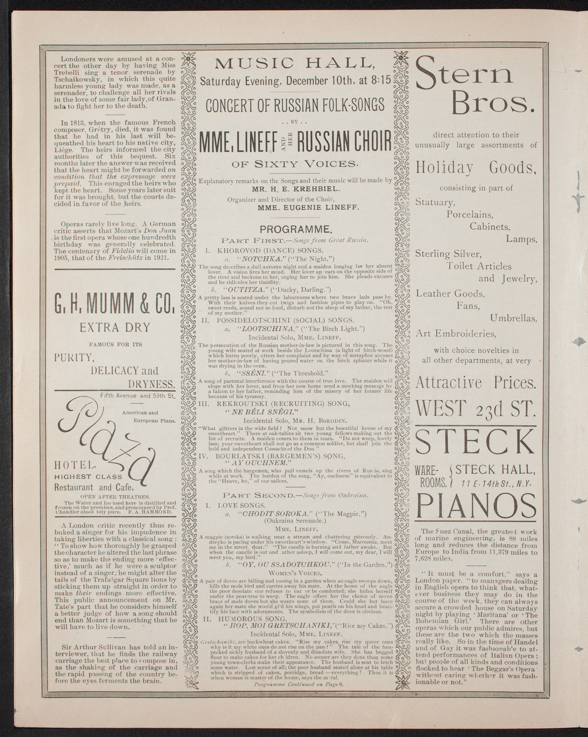 Madame Lineff's Russian Choir, December 10, 1892, program page 4