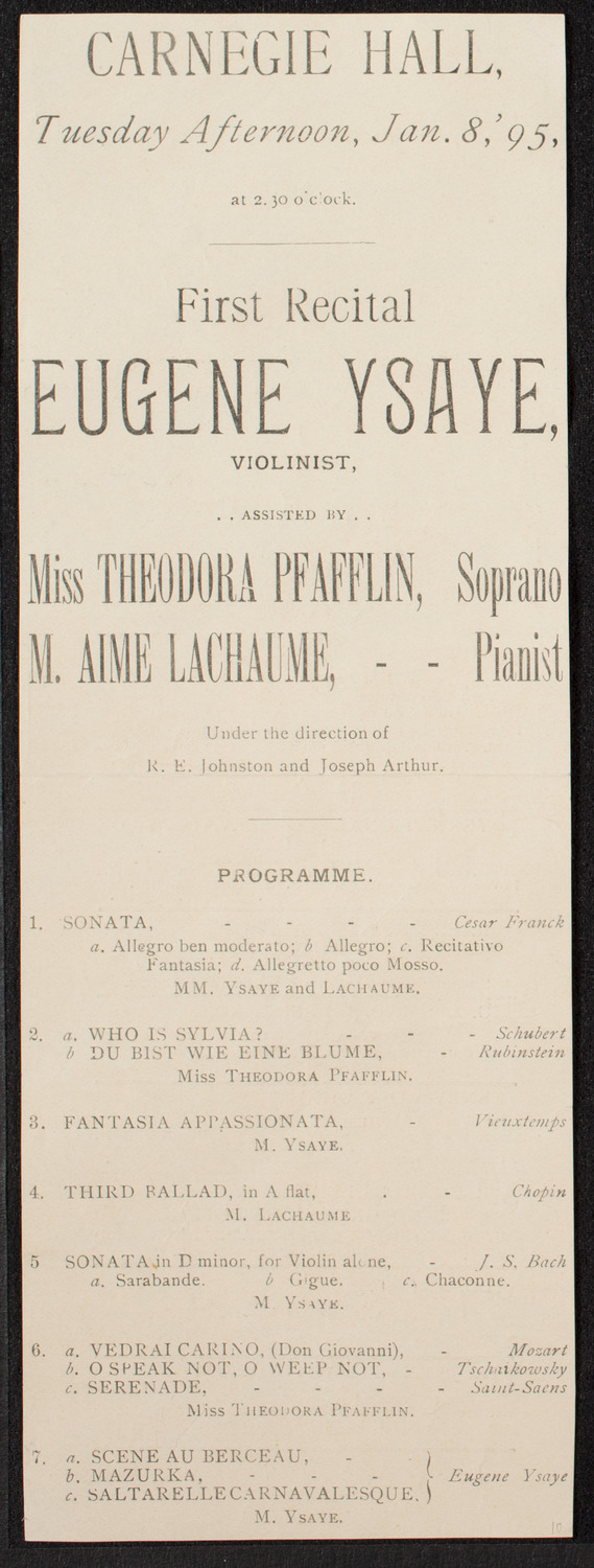 Eugène Ysaÿe, Violin, January 8, 1895, program page 1