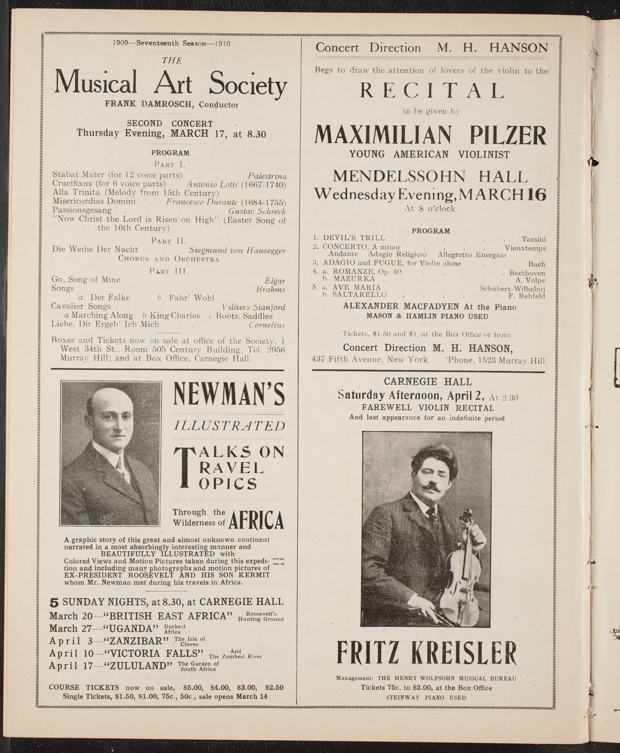 Mischa Elman, Violin, March 9, 1910, program page 10