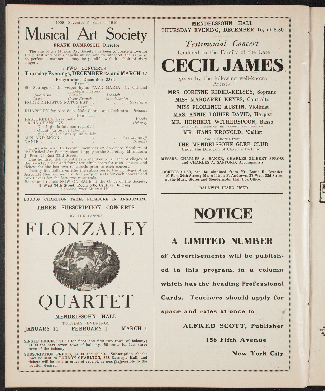 Boston Symphony Orchestra, December 11, 1909, program page 10