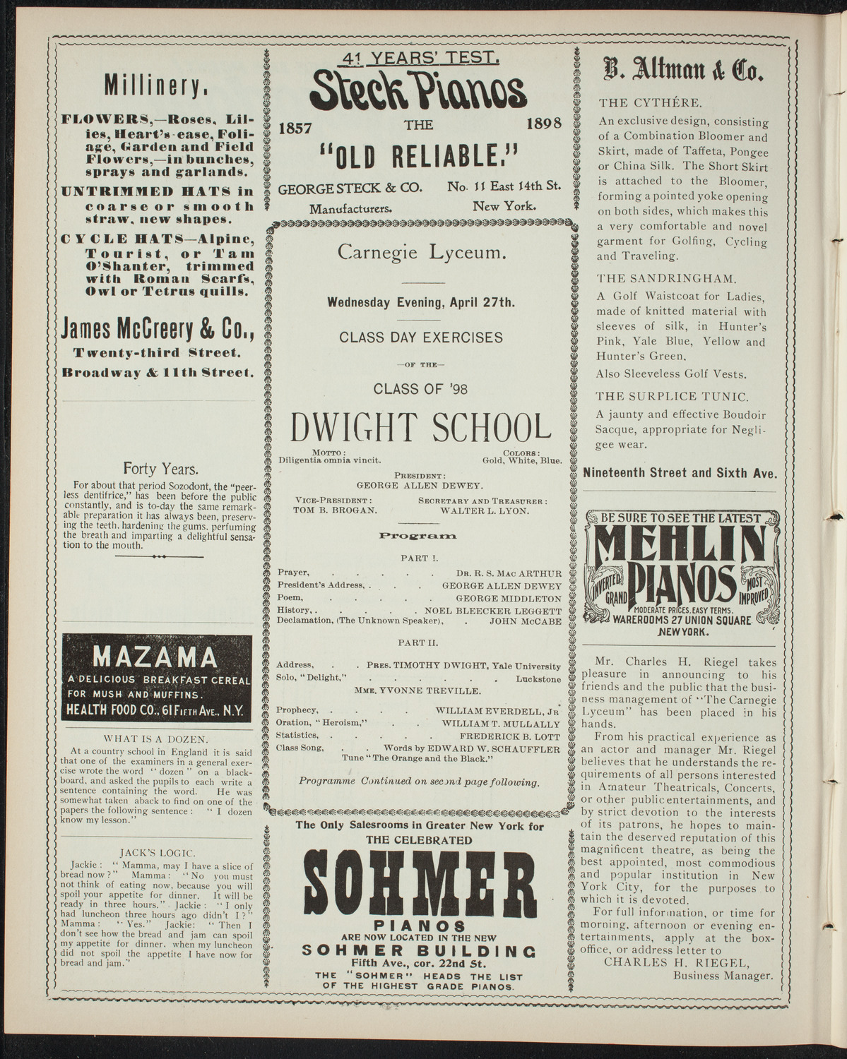 Dwight School Class Day Excercises, April 27, 1898, program page 4