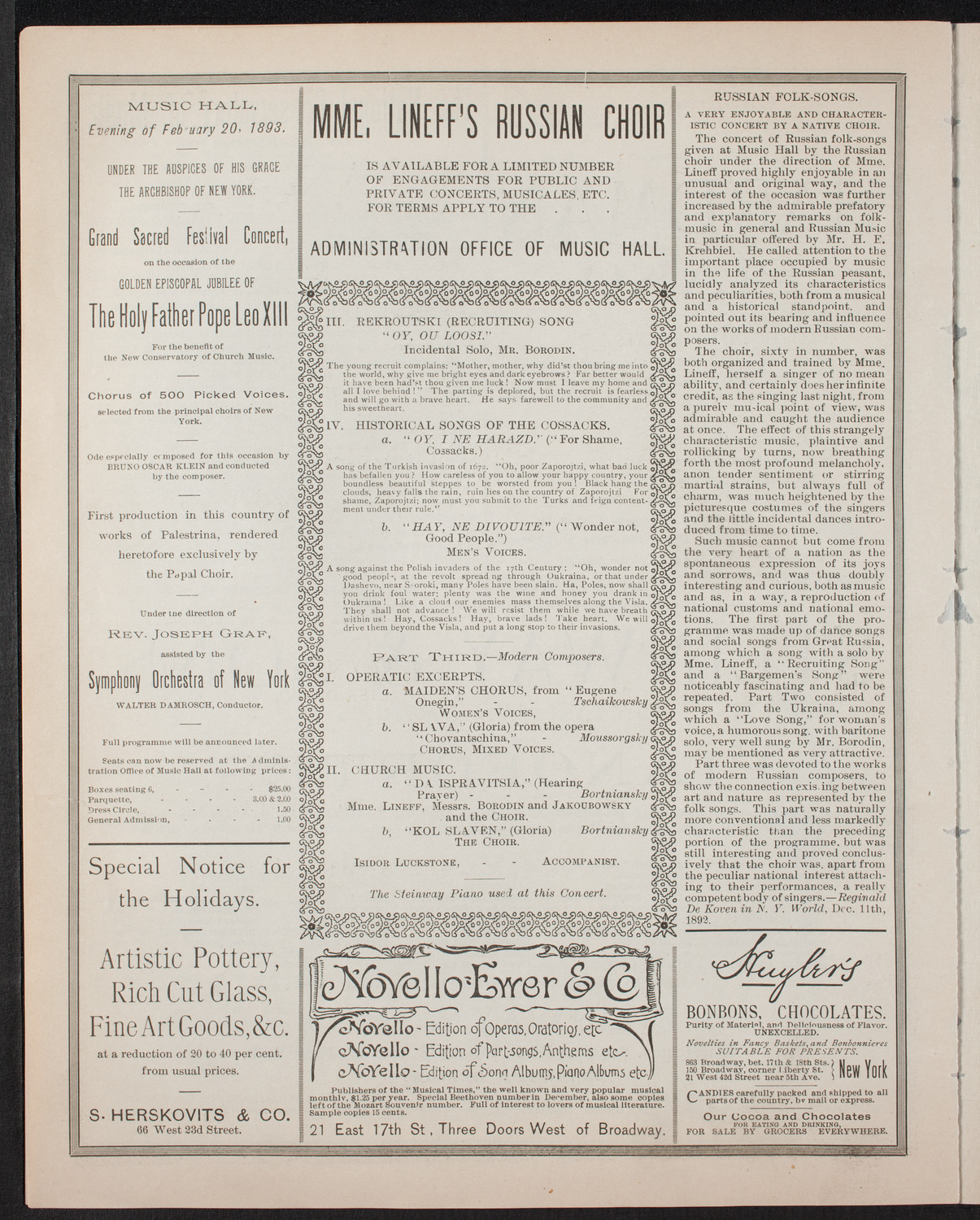 Madame Lineff's Russian Choir, December 21, 1892, program page 6