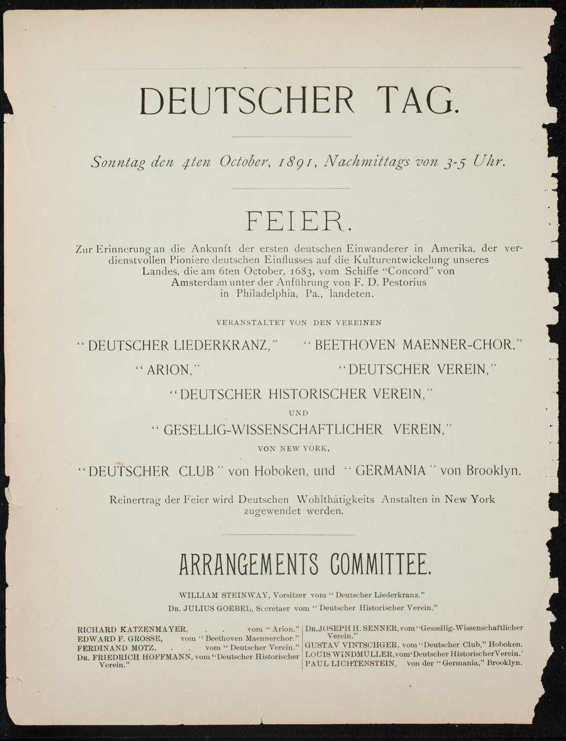 Deutscher Tag Festival, October 4, 1891, program page 4