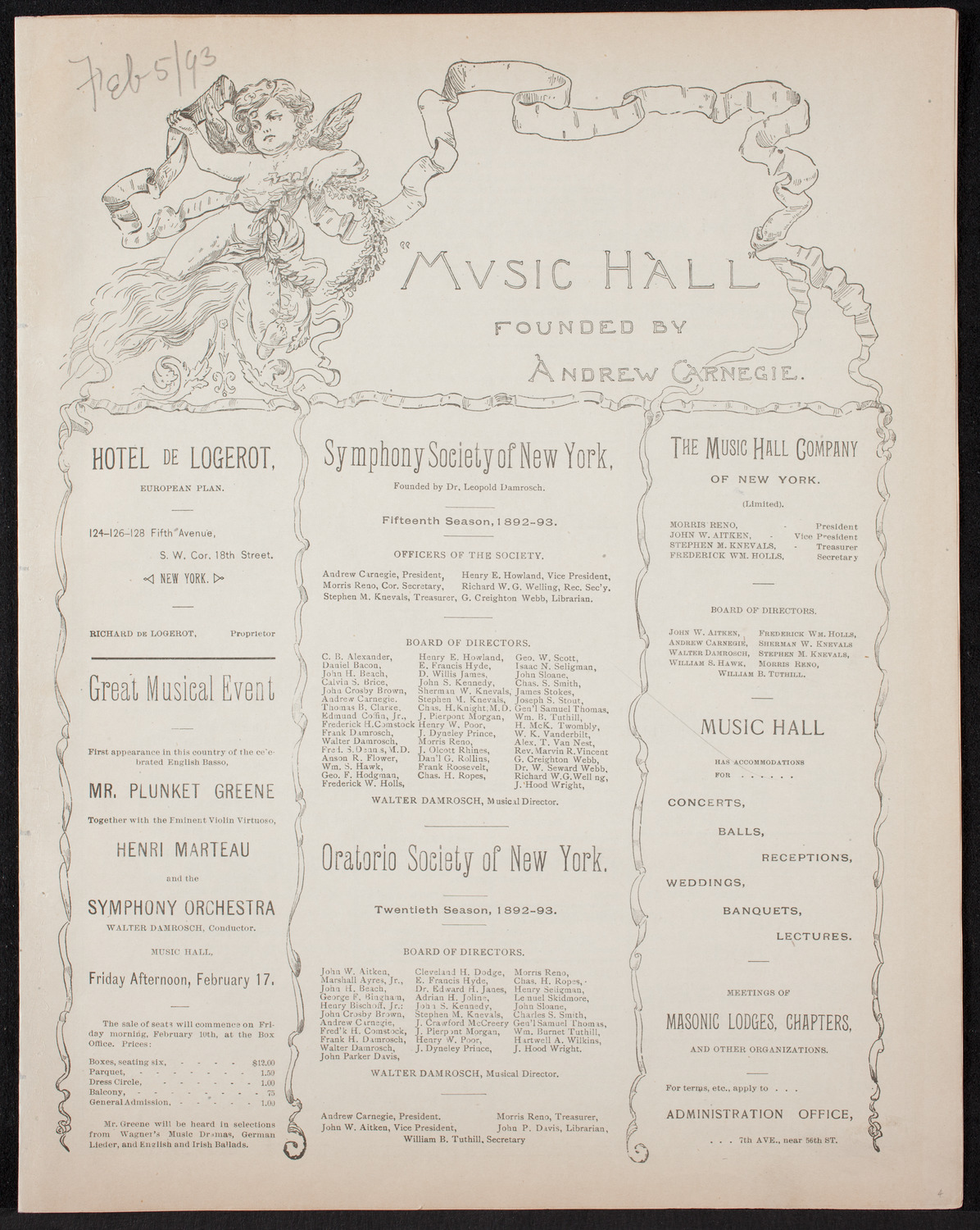 Damrosch Sunday Concert, February 5, 1893, program page 1