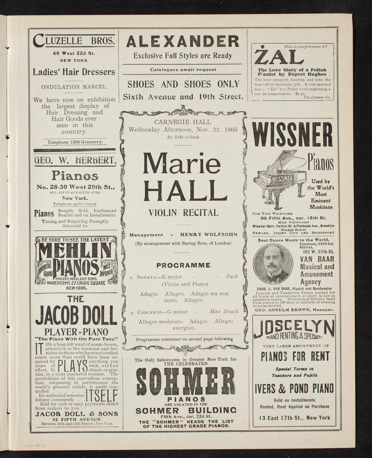 Marie Hall, Violin, November 22, 1905, program page 5