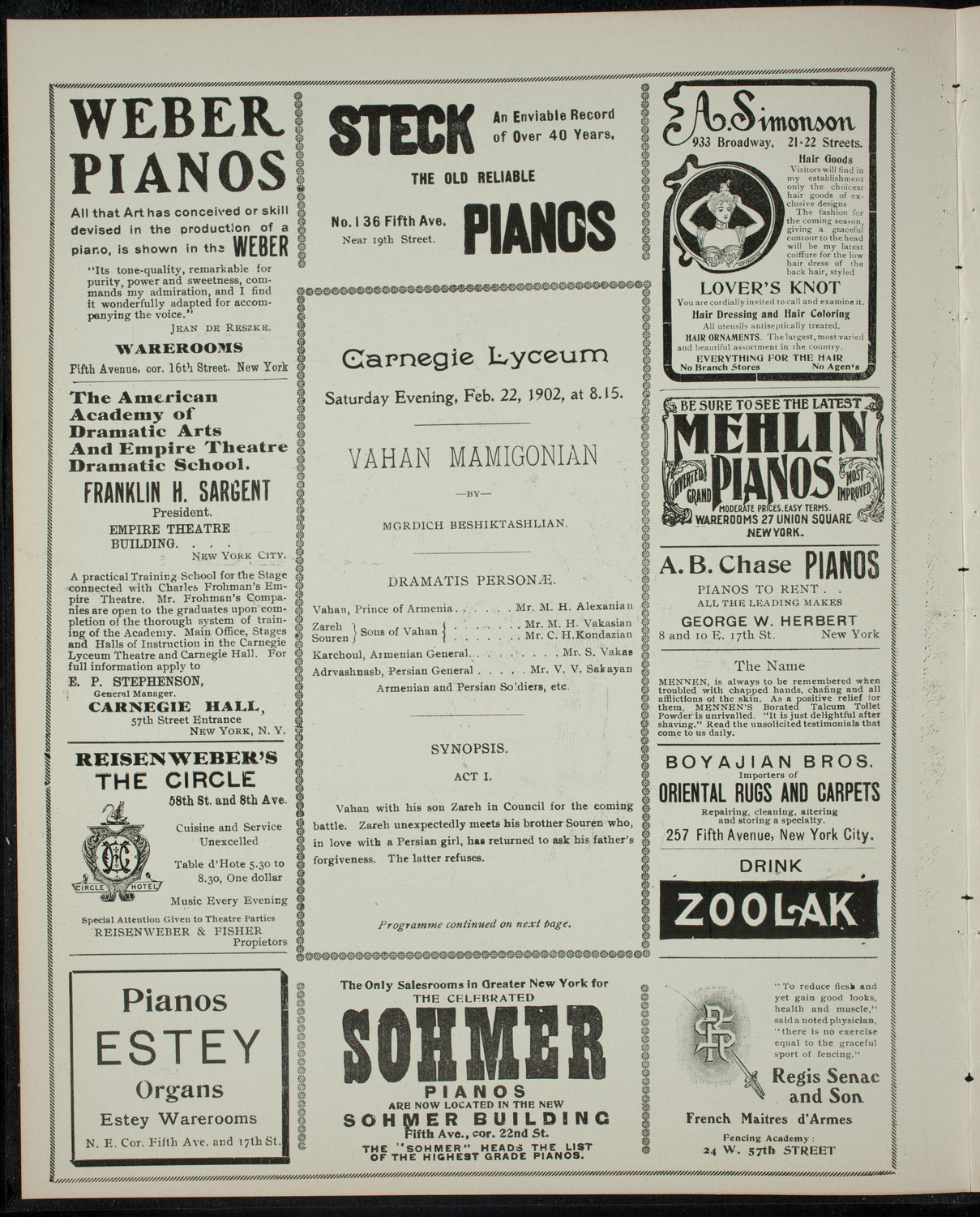 Armenian Dramatic Company of New York, February 22, 1902, program page 2