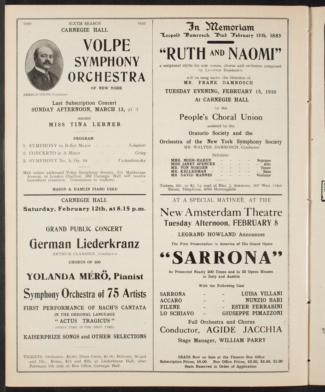Volpe Symphony Society of New York, February 6, 1910, program page 10