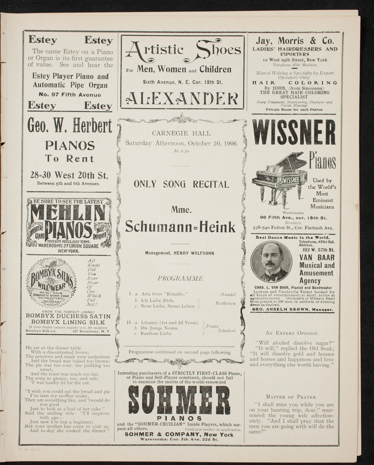 Ernestine Schumann-Heink, Mezzo-Soprano, October 20, 1906, program page 5