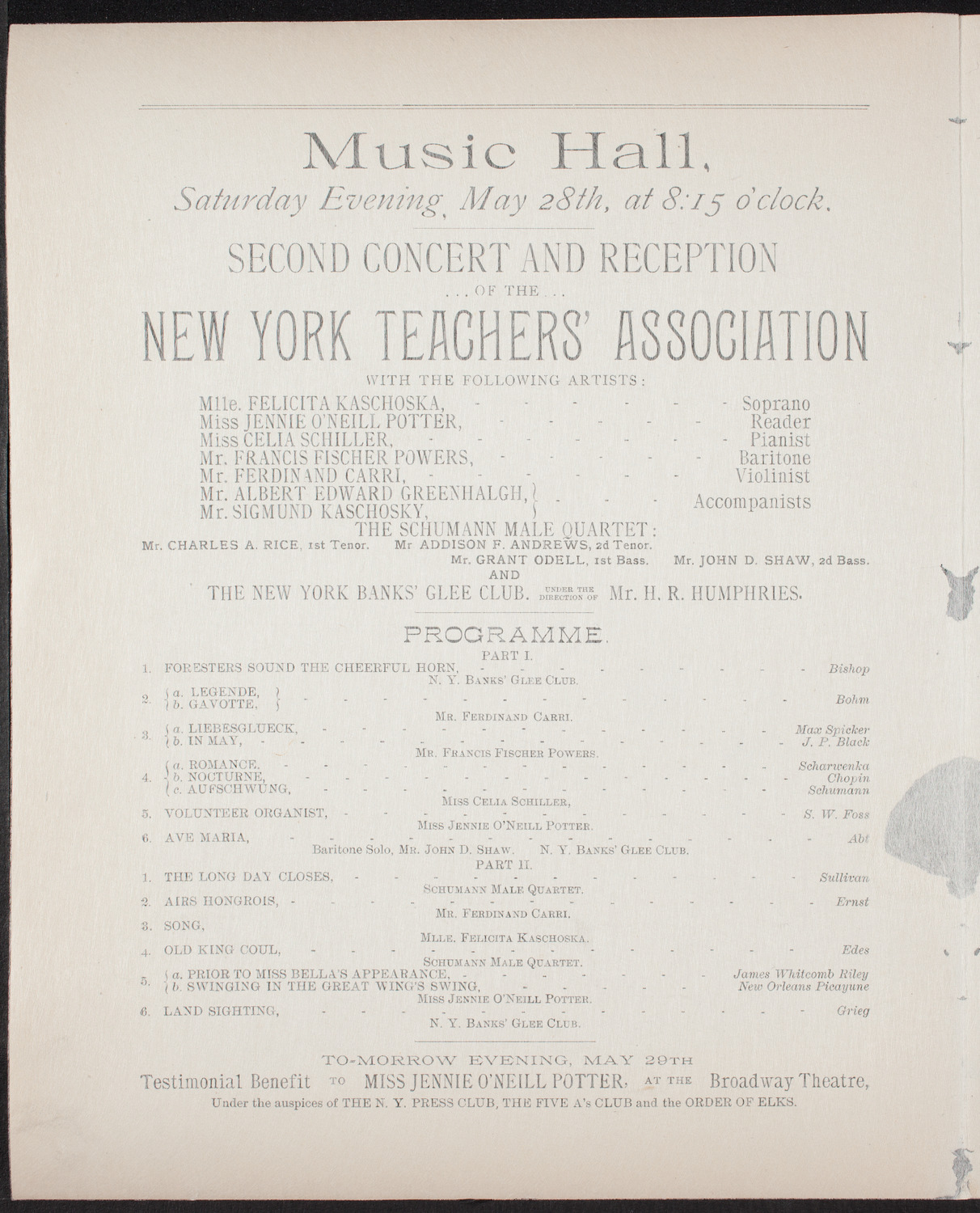 New York Teachers' Association Concert and Reception, May 28, 1892, program page 2