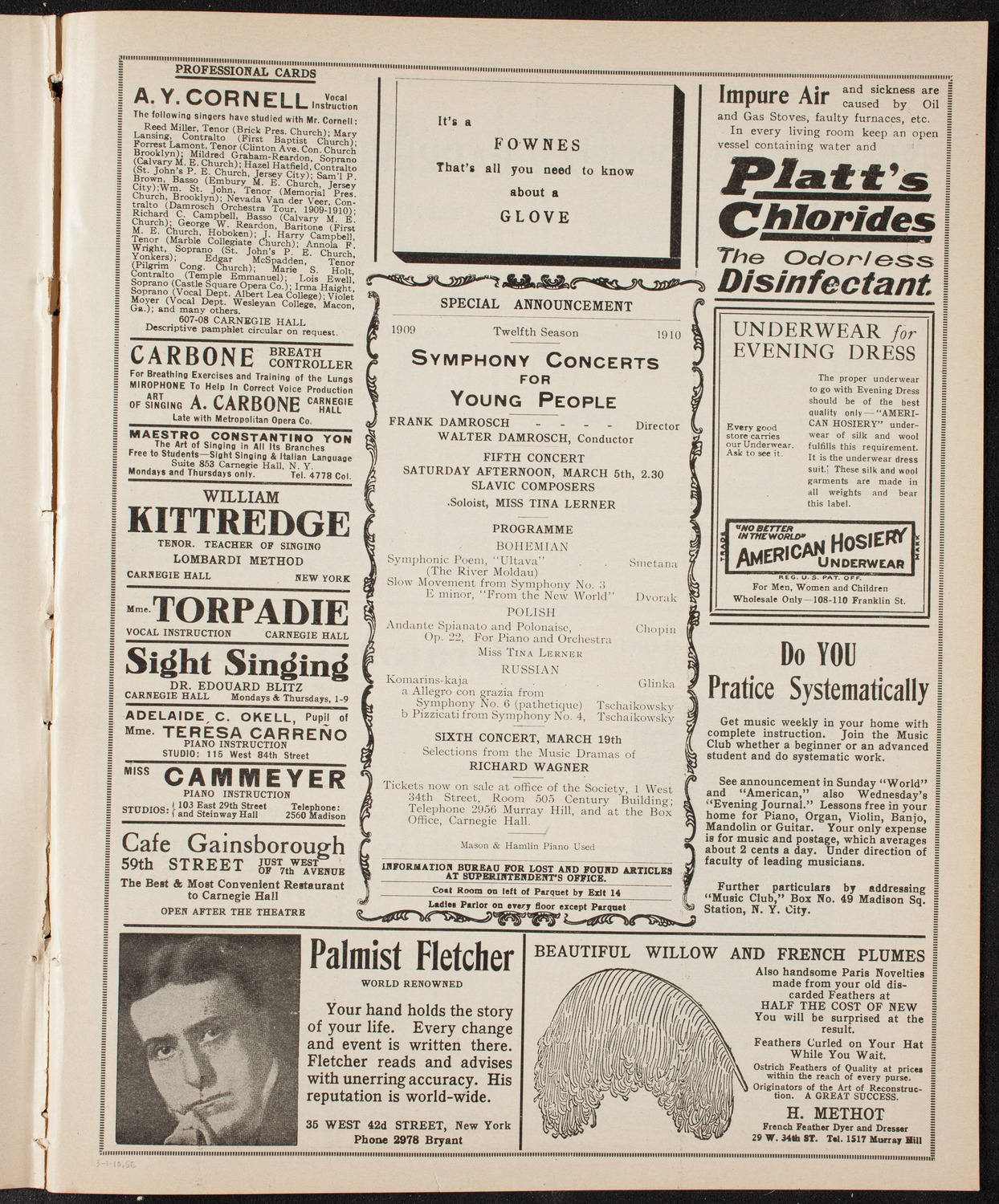 New York Symphony Orchestra, March 1, 1910, program page 9