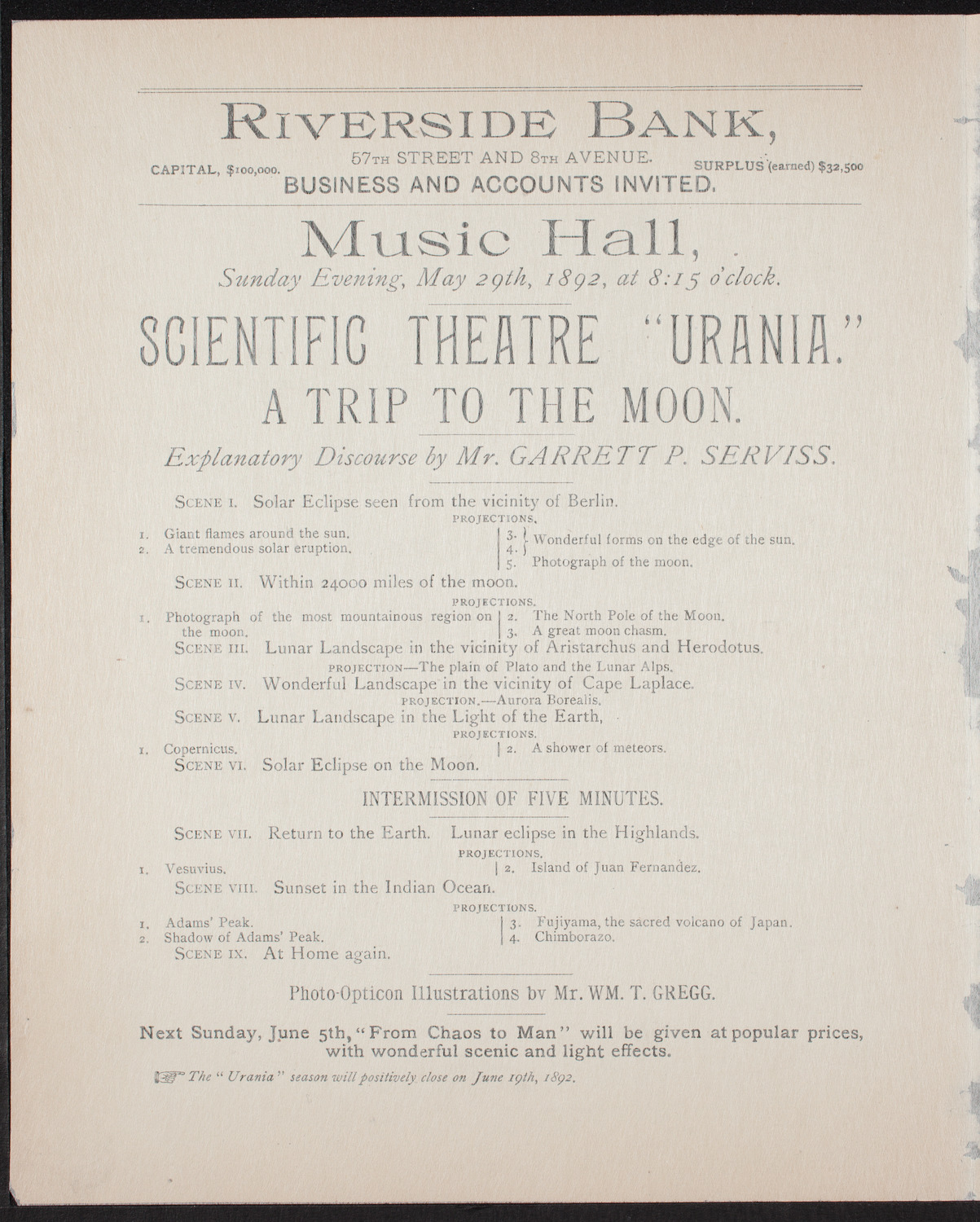 Urania Scientific Theatre, May 29, 1892, program page 2