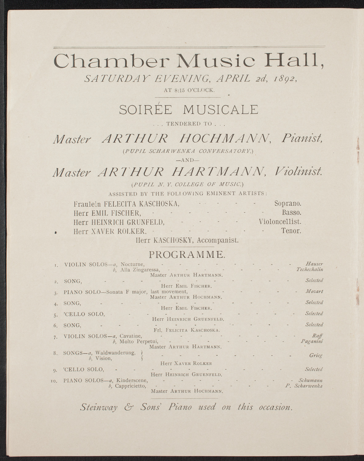 Arthur Hochmann and Arthur Hartmann, April 2, 1892, program page 6