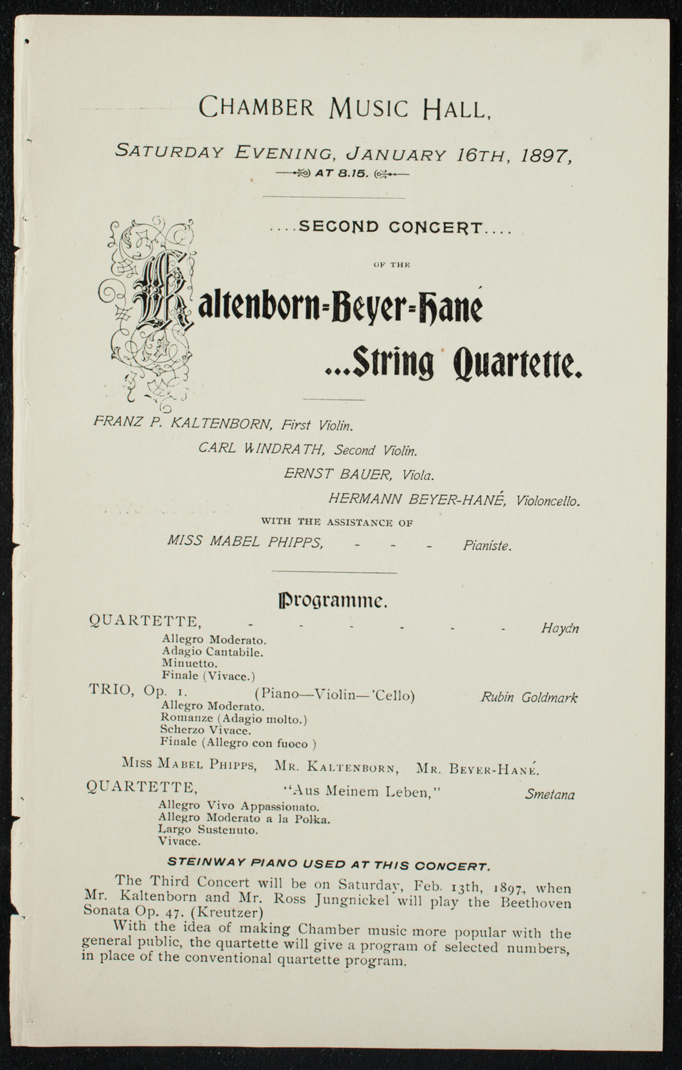 Kaltenborn-Beyer-Hane String Quartet, January 16, 1897, program page 1