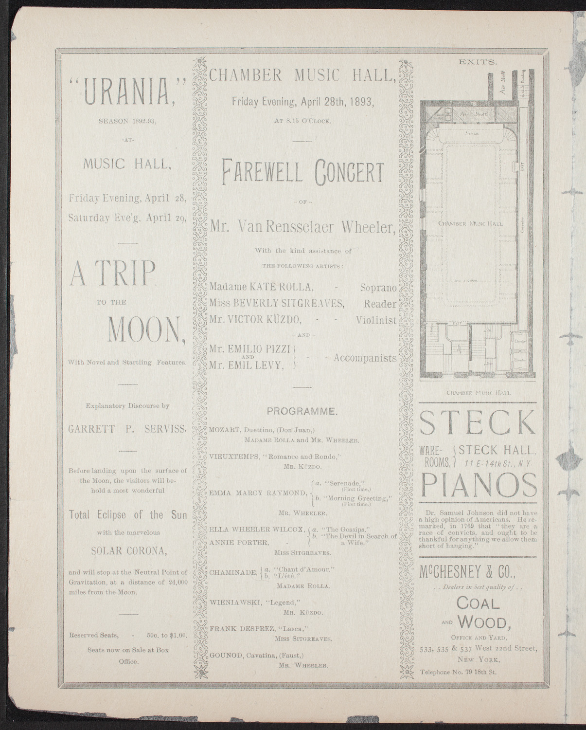 Van Rensselaer Wheeler and Others, April 28, 1893, program page 2