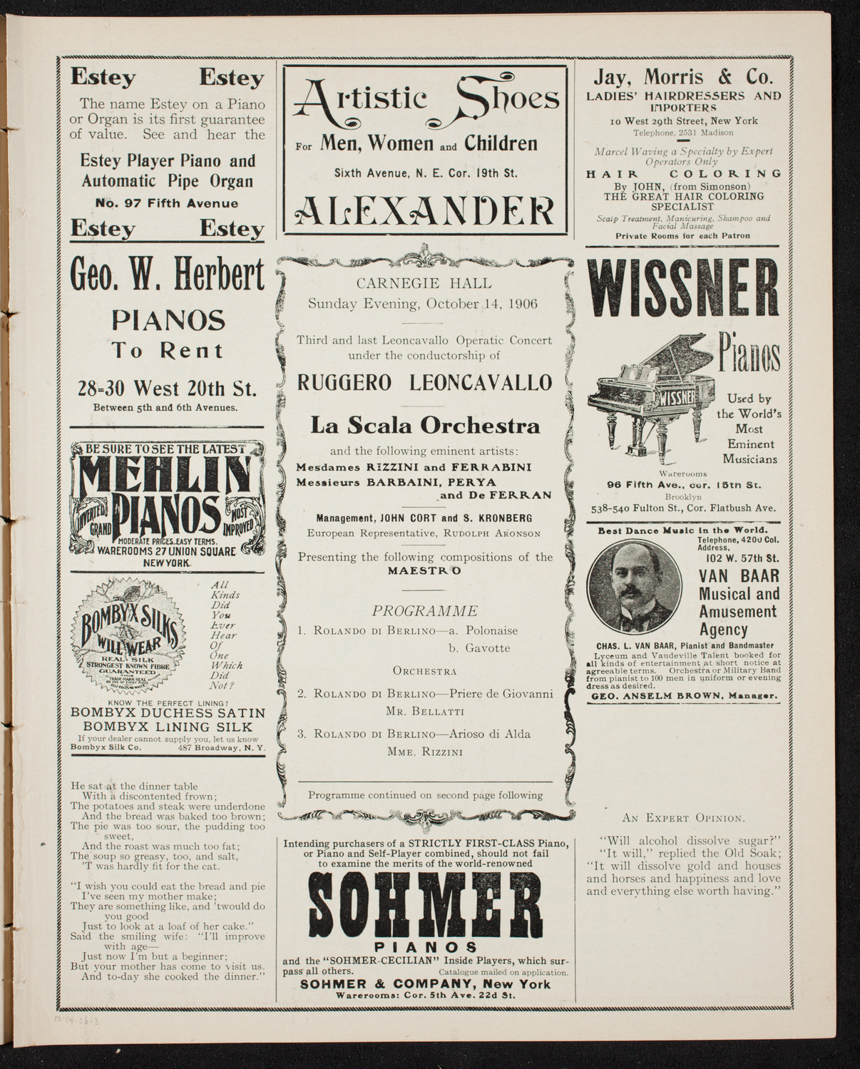 Ruggero Leoncavallo and La Scala Orchestra, October 14, 1906, program page 5