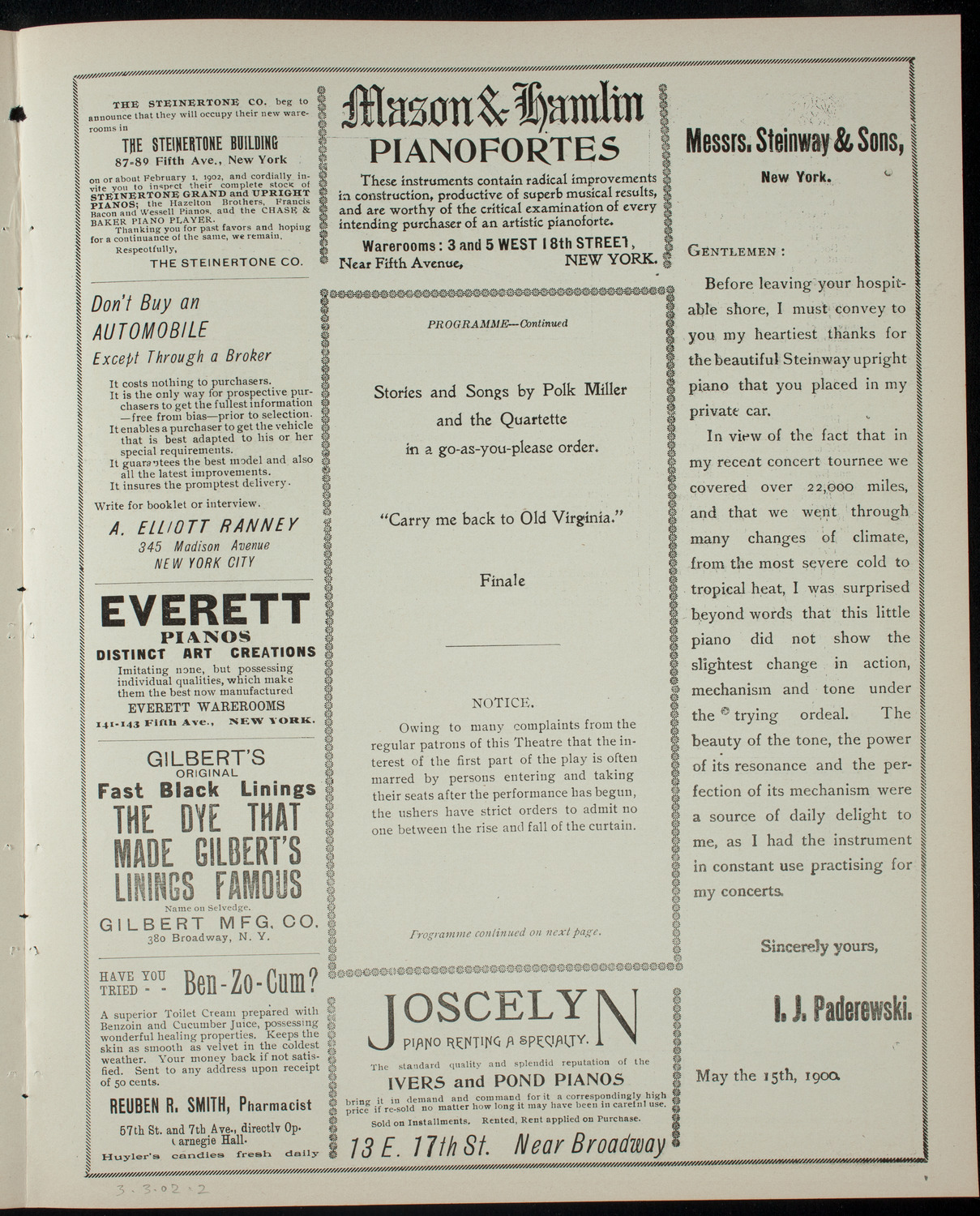 Polk Miller In Story and Song -- "The Old Southern Plantation Negro", March 3, 1902, program page 3