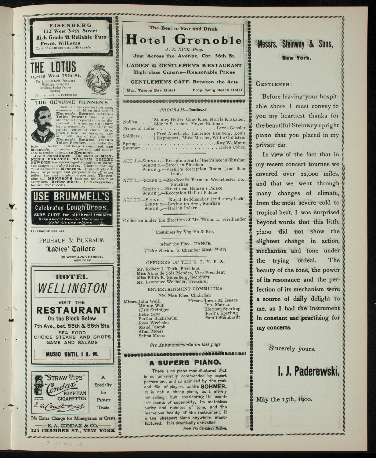 Shaaray Tefila Sunday School and Young People's Association Purim Entertainment, March 21, 1903, program page 3