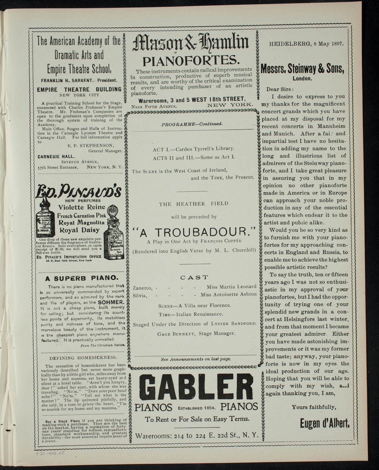 George Peabody Eustis: A Course of Modern Plays, April 21, 1900, program page 3