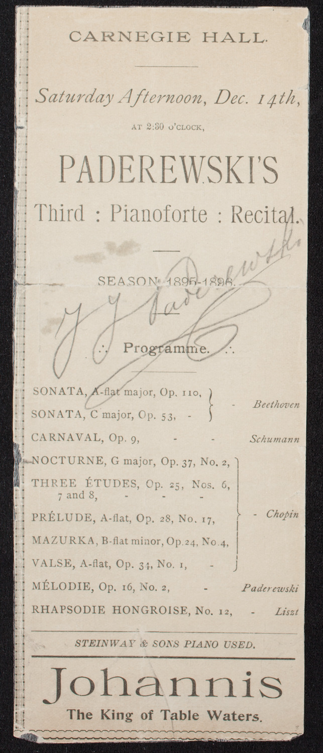 Ignacy Jan Paderewski, Piano, December 14, 1895, program page 1