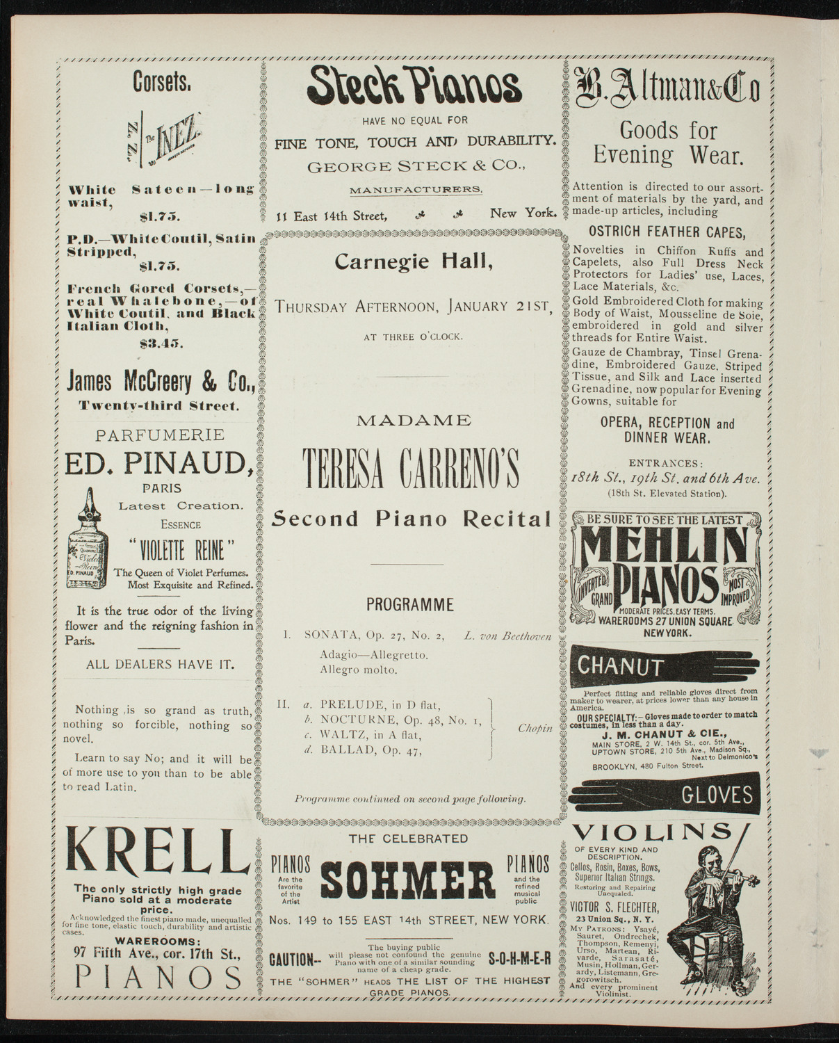 Teresa Carreño, Piano, January 21, 1897, program page 4