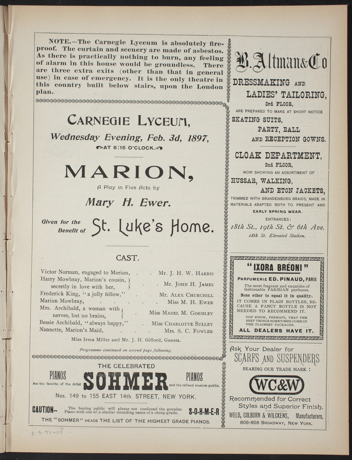 Marion: A Play in Five Acts, February 3, 1897, program page 3