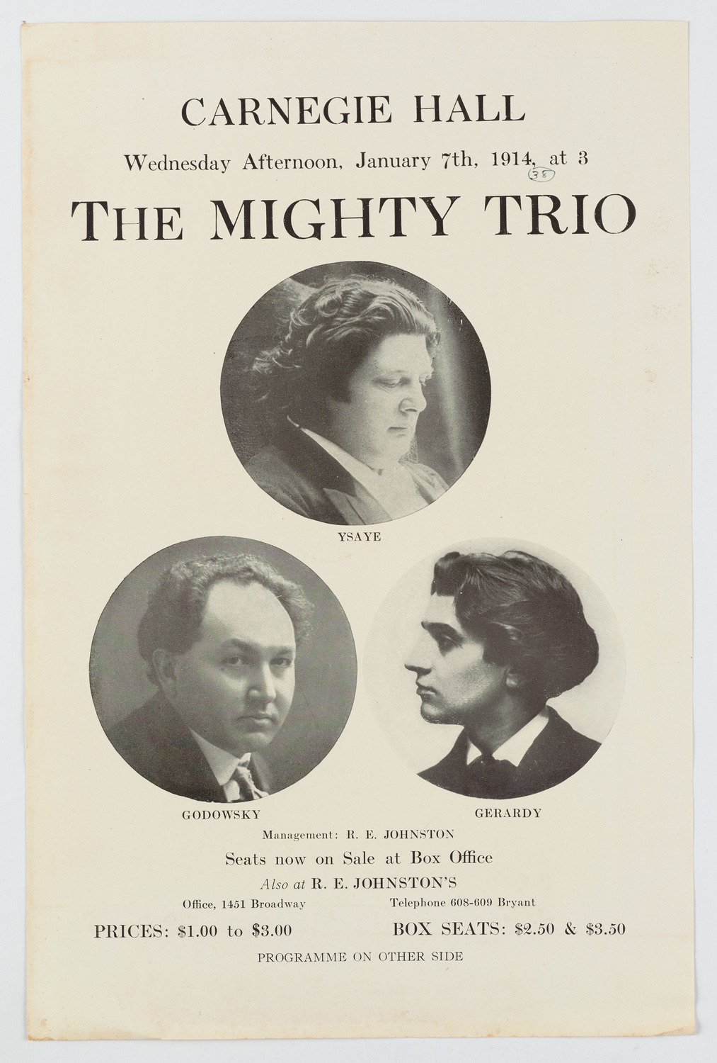 Leopold Godowsky, Eugène Ysaÿe, and Jean Gerardy, January 7, 1914