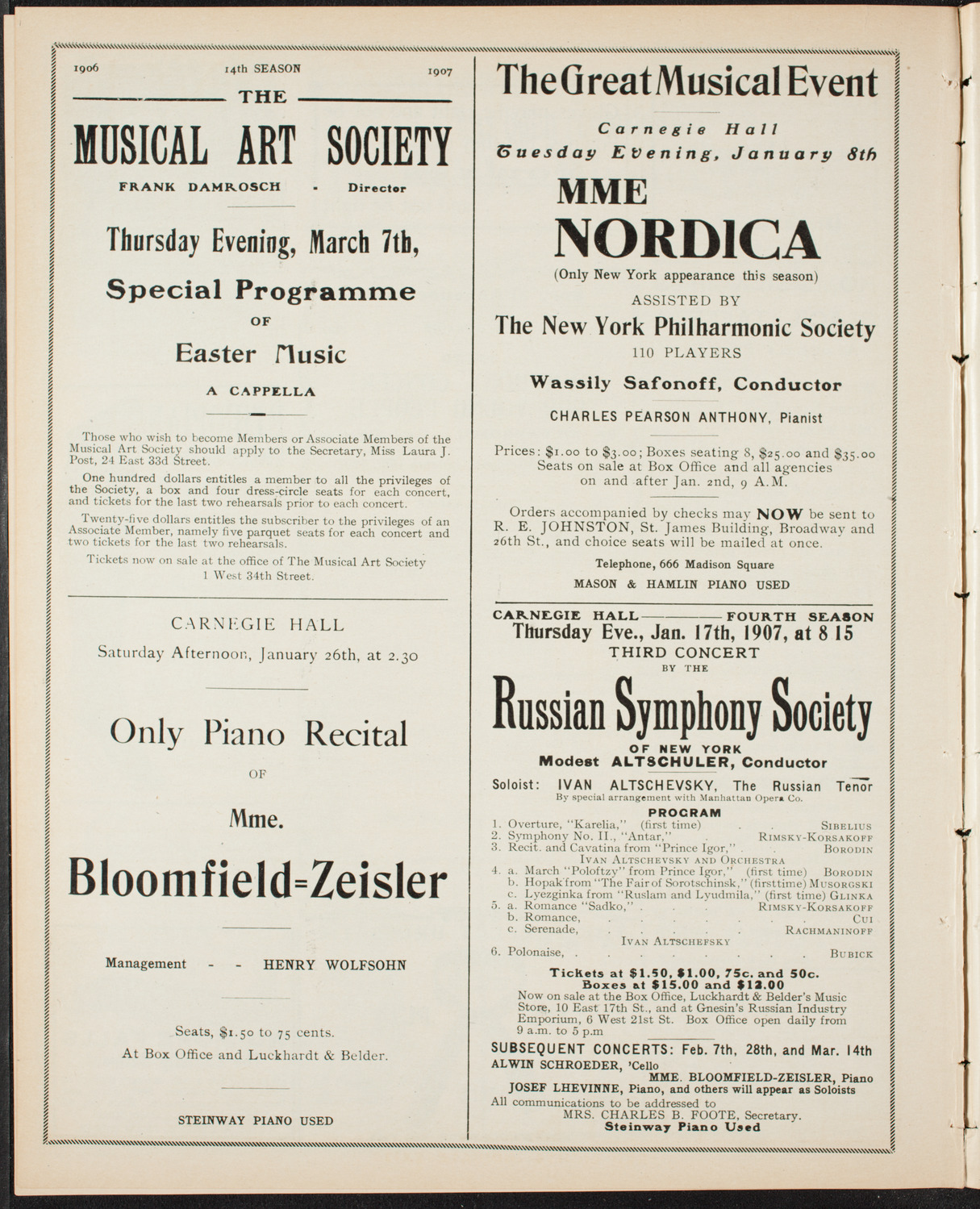 Mieczyslaw Horszowski, Piano, January 6, 1907, program page 10