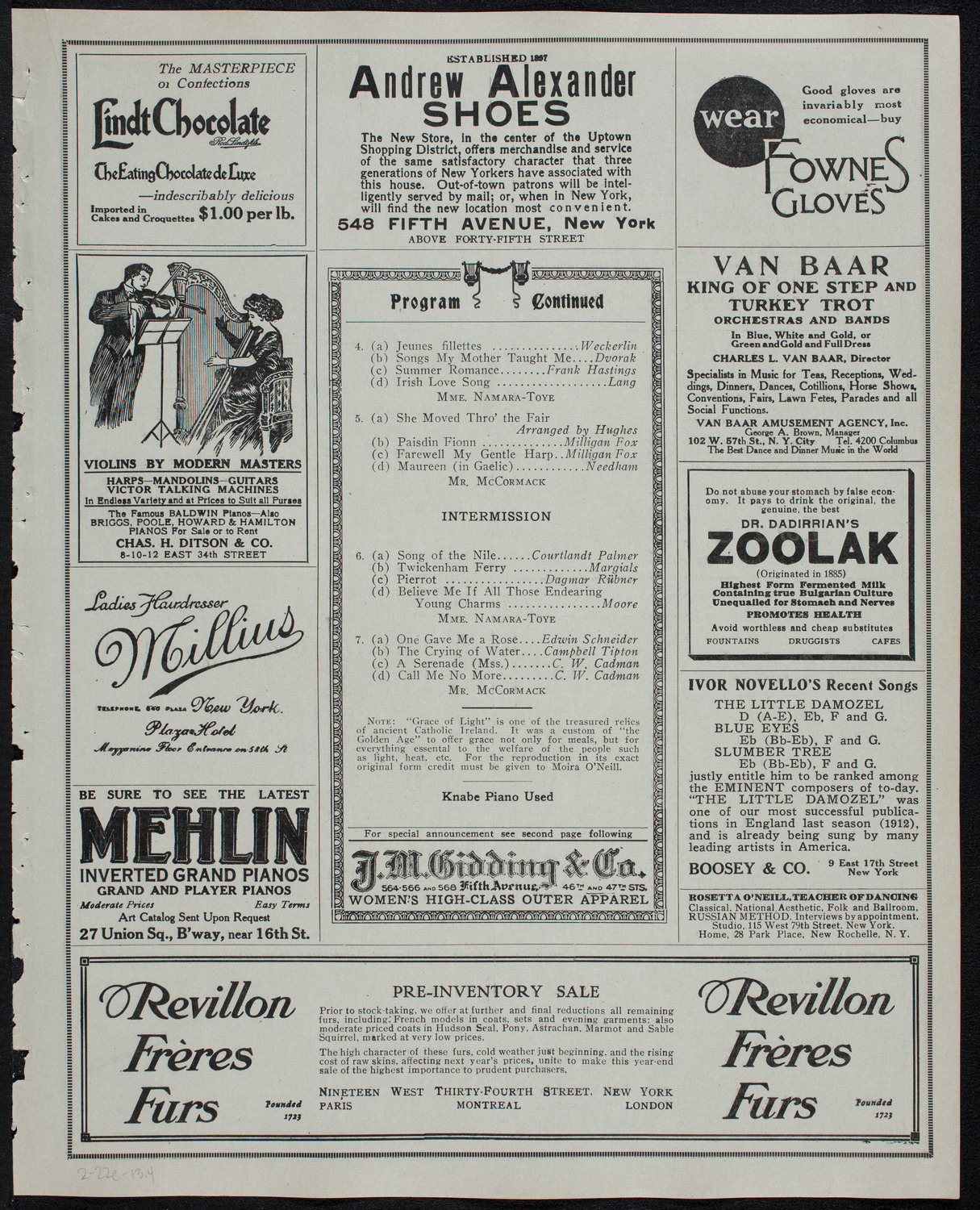 John McCormack, Tenor, with Marguerite Namara-Toye, Soprano, February 22, 1913, program page 7