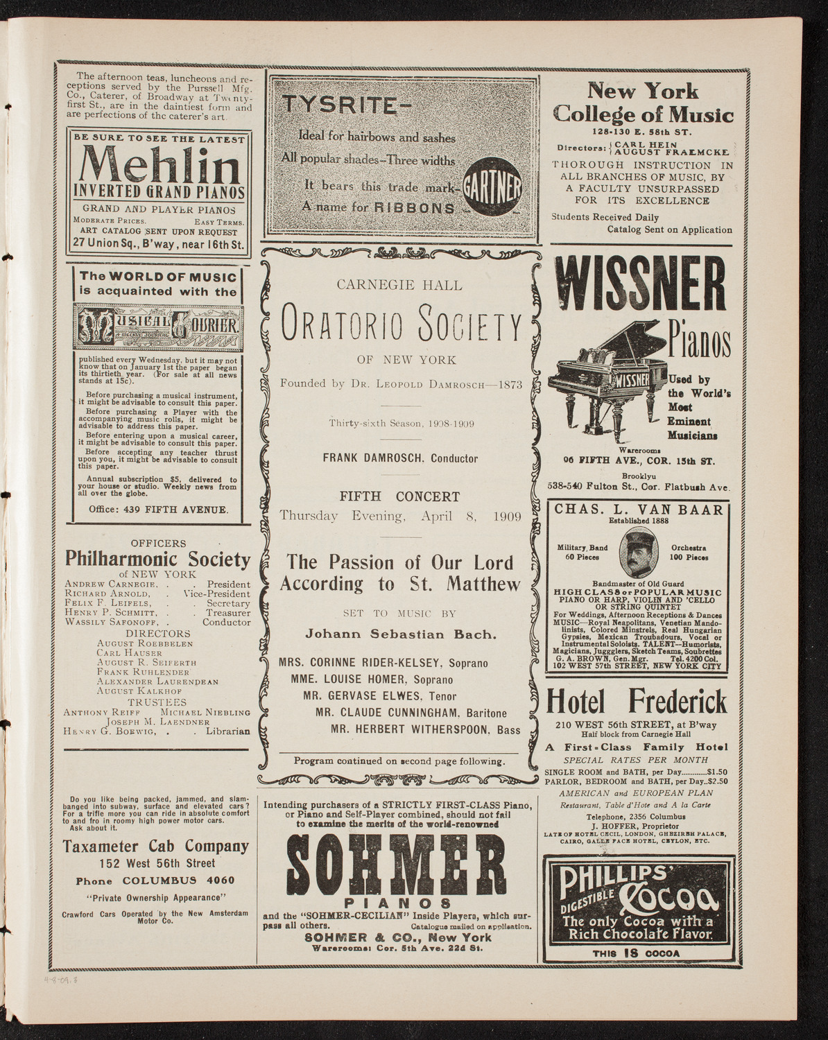 Oratorio Society of New York, April 8, 1909, program page 5